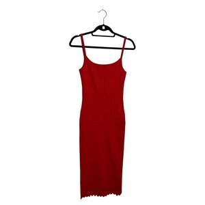 Red Ribbed Midi Slip Dress with Slim Straps and Scalloped Edges